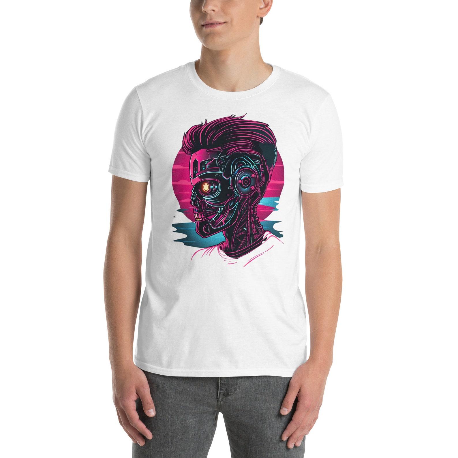 Cyberpunk Graphic T-Shirt: Neon Sci-Fi Robot Tee S