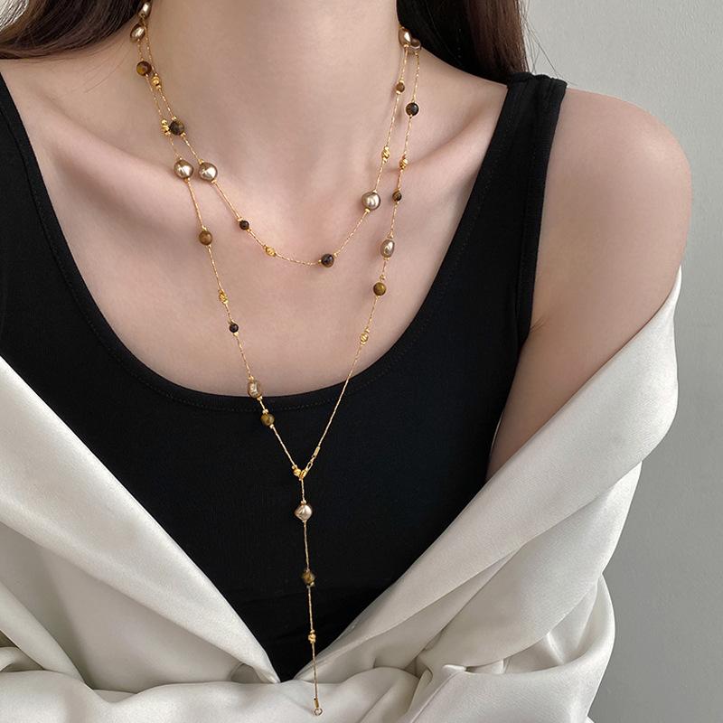 Autumn And Winter Long Tiger Eye Stone Pearl Beads Long Sweater Chain For Women'S Popular Necklace  Jewelry Accessories