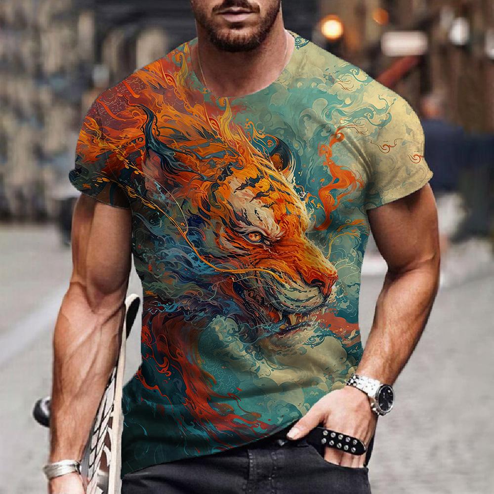 3D Tiger Print T Shirt for Men Boutique Animal Graphic T-Shirts Summer Trend Harajuku Short Sleeve Leisure O-neck Tops