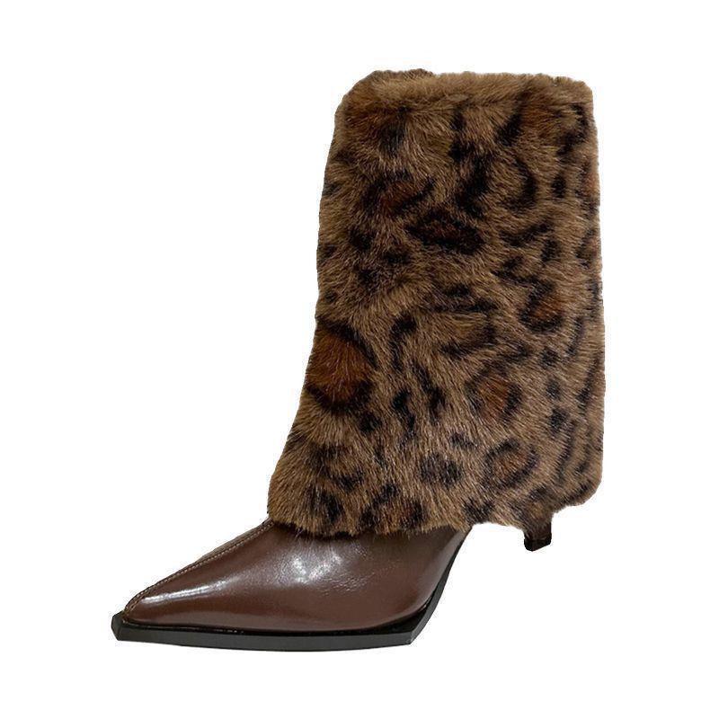 Women's 2025 Autumn/Winter Leopard Print High Heel Ankle Boots with Rabbit Fur