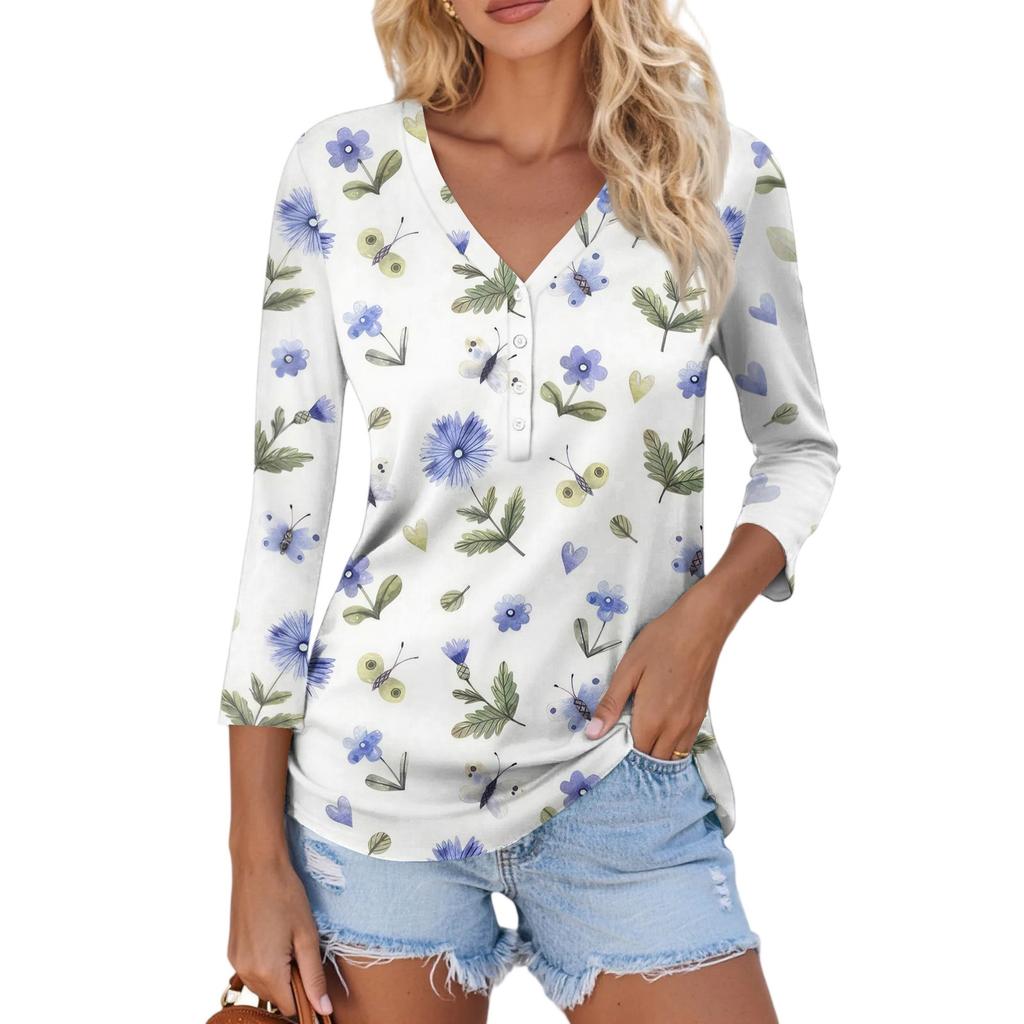 Damen Lässig Mode Sexy Bequem V-Ausschnitt Knopf Floral Dreiviertelarm Oberteil