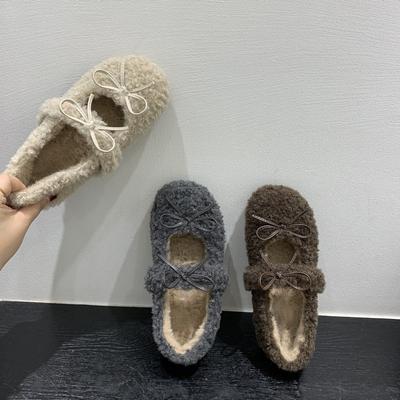 Französischer Bogen Damenschuhe Abendschuhe flacher Boden mit Rock flauschige Schuhe Damen tragen Samt Grau Einzelne Schuhe