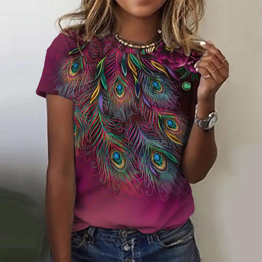 

Модная летняя женская футболка павлинье перо 3D печать топ Харадзюку Красочная личность Футболки с коротким рукавом Одежда оверсайз