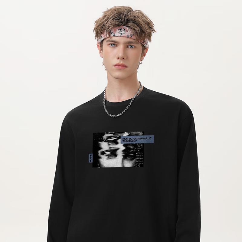 Mark Hua Fei Men's Trendy Heavyweight Loose Fit Pure Cotton Long Sleeve Crew Neck T-Shirt
