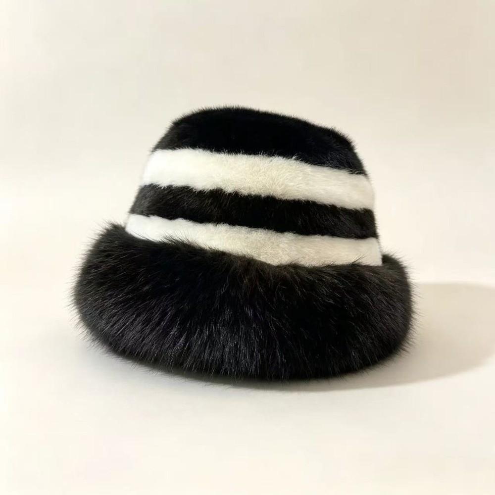 Thickened Faux Fur Hat Striped Winter Trapper Cap Ear Protection Bucket Beanie  Versatile