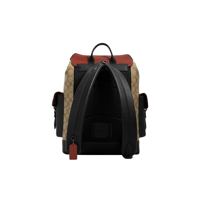 COACH Hudson 30 classic presbyopic color-blocked flip-top large-capacity canvas and leather backpack, men's khaki and black