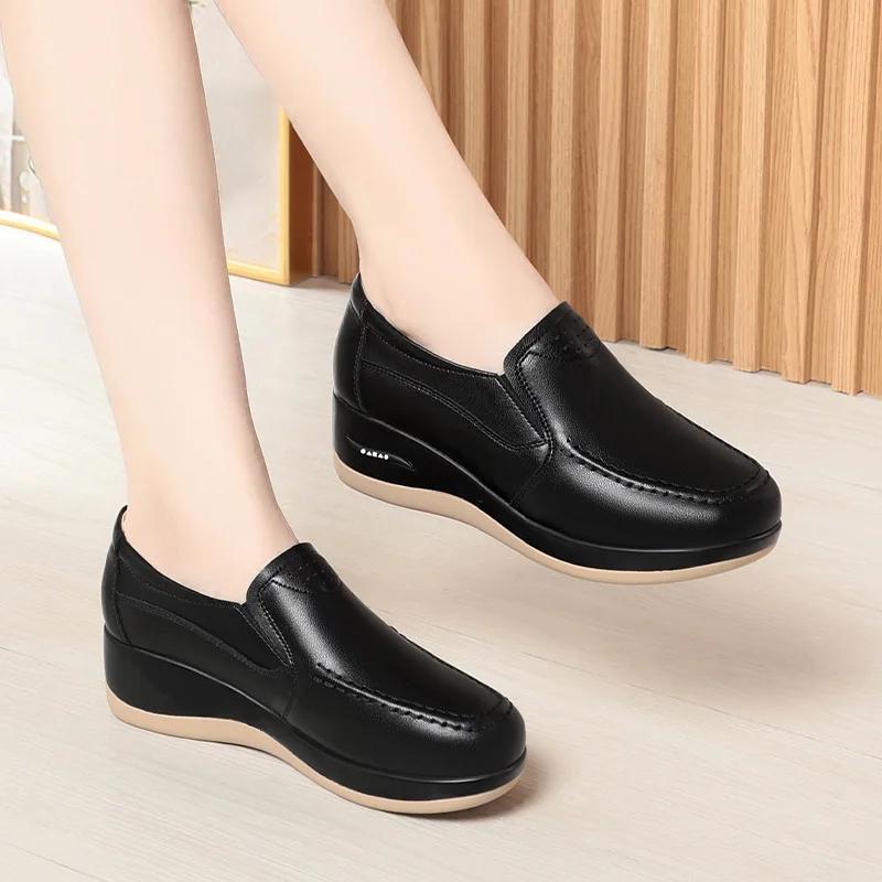 4.5cm Breathable Fashion Soft Leather Loafers Women's Platform Pumps 2025 Fall Med Heels Wedges Shoes for Office Mom Work Casual