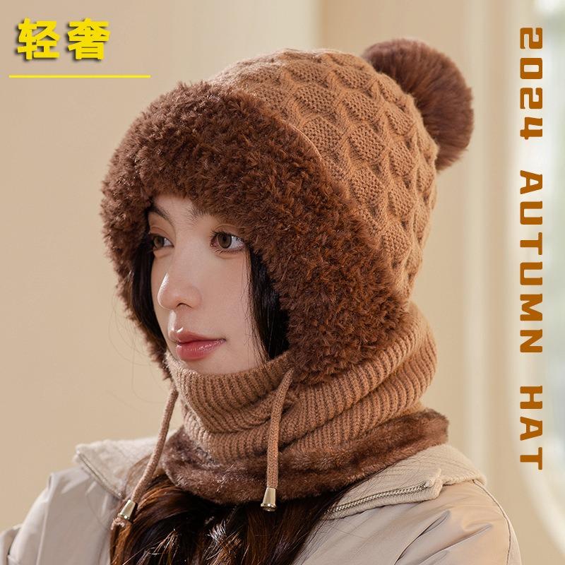 One-piece knitted hat women's autumn and winter velvet thickened mask ear protection wool hat outdoor cold big head suitable for thermal hat