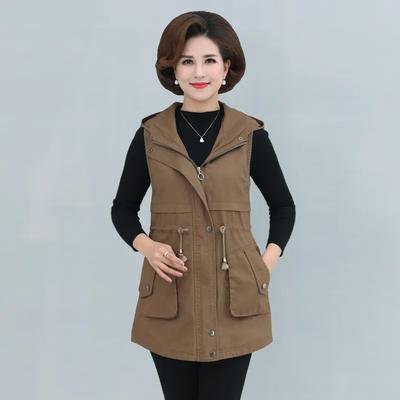 Women Spring Autumn Sleeveless Elegant Vest Lady Slim Jackets Hood Waist Trench Outerwear