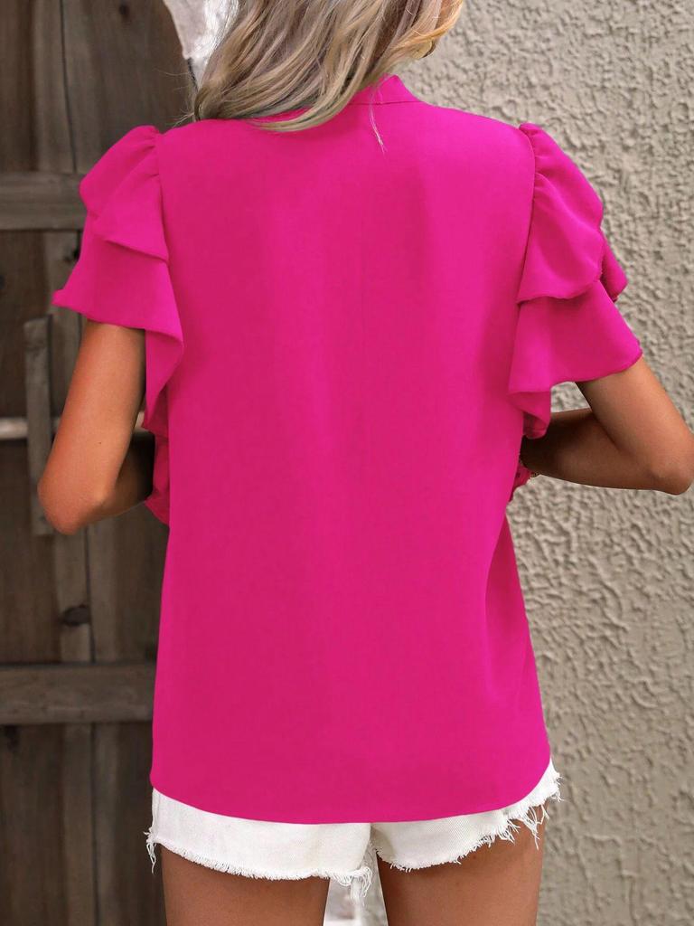 2025 Women's Summer V-Neck Casual Shirt with Double-Layer Ruffle Sleeves