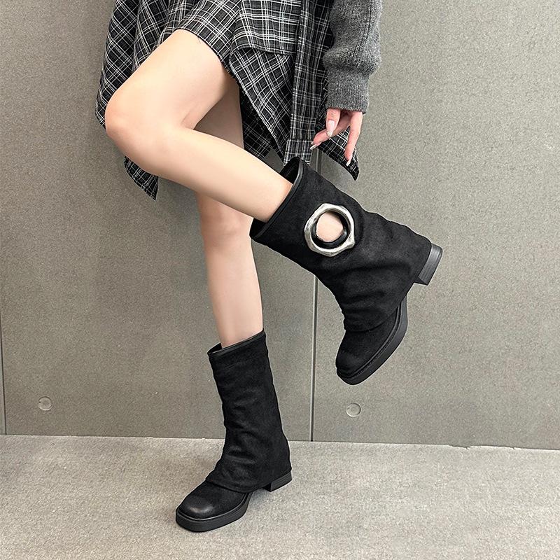 Cowhide version retro suede versatile leather Martin short boots women's autumn new niche metal buckle western cowboy boots