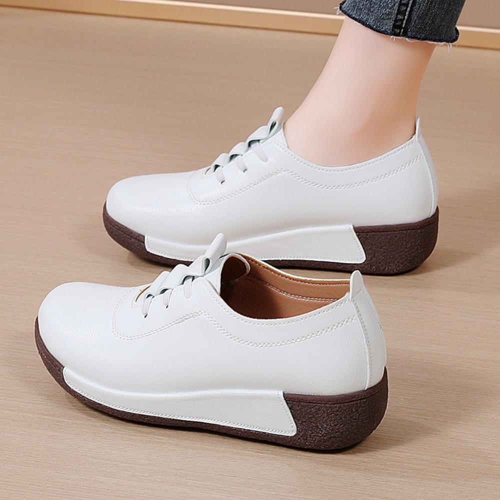 Thick Soled Sloping Heel Leather Casual Sports Shoes for Women