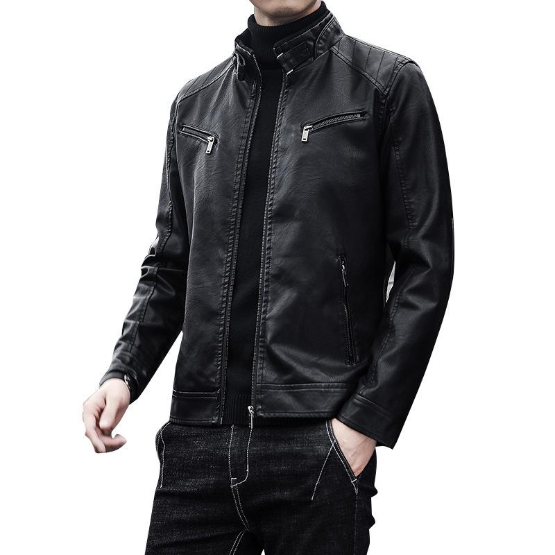 Cappotto in pelle PU da uomo versione coreana casual da uomo colletto alla coreana slim fit giacca in pelle da motociclista cappotto in PU da uomo giovanile
