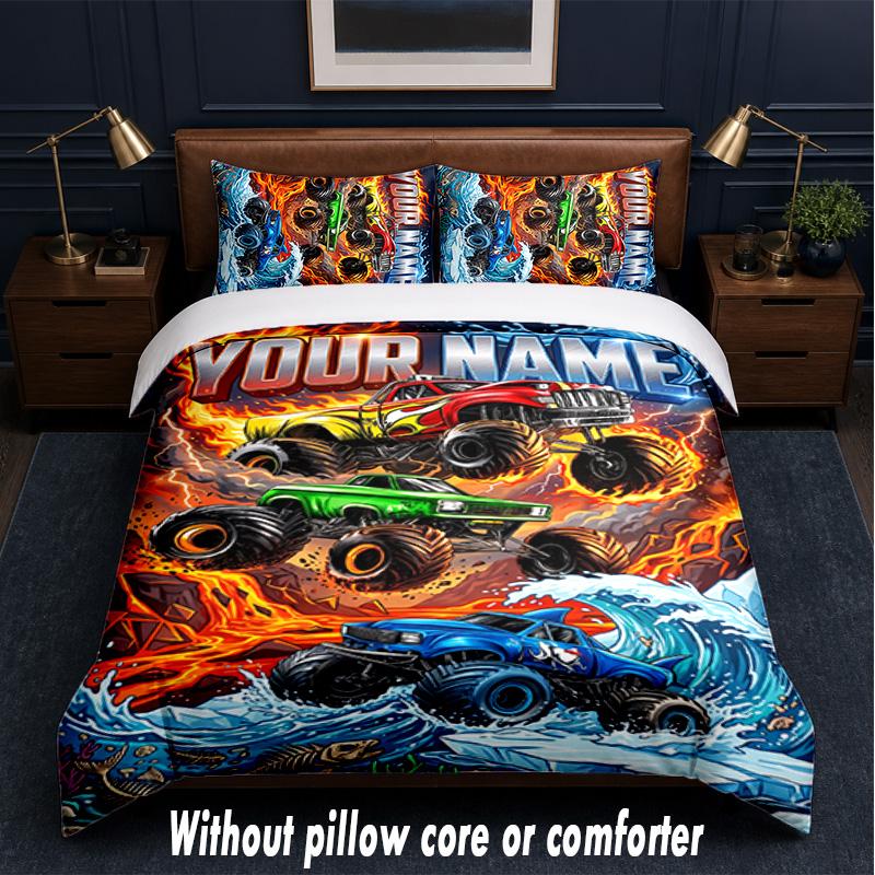 Monster Truck Theme Custom Text Or Name 3Pcs Bedding Set,1 Flat Sheet & 2 Pillowcases Personalized Home Bedding