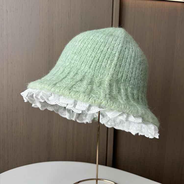 Lazy wind gray knitted hat women's autumn and winter literary lace wool bucket hat showing small face warm pot hat