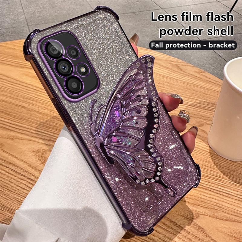 Glitzernde Beschichtung Treibsand Schmetterling Handyhalter Hülle für Samsung Galaxy A13 A23 A33 A53 A73 A12 A22 A32 A52 A52S 4G 5G Hülle