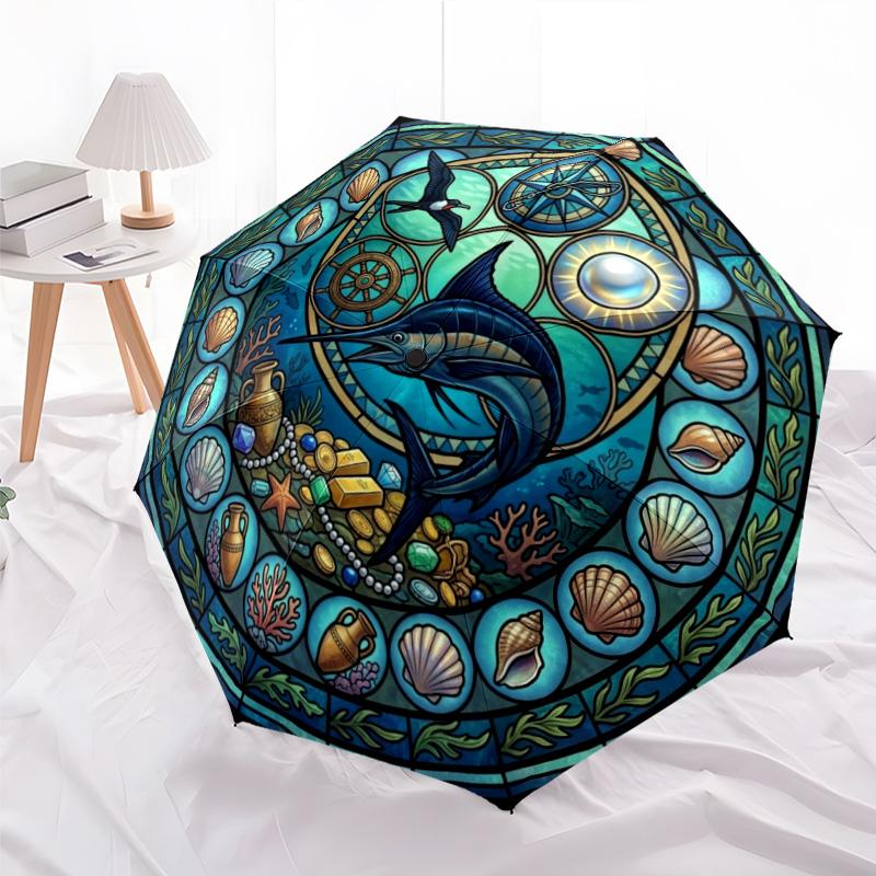 Marine Life Treasure Pattern Umbrella, Portable and Foldable Design, 8 Ribs, a Casual Accessory for Halloween, Christmas, and Birthday Gifts.
