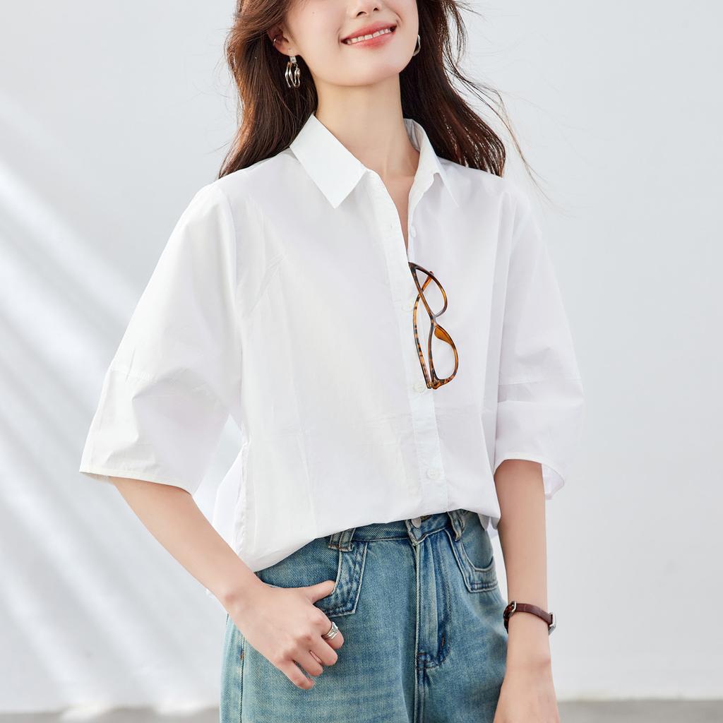 Pure Cotton White Shirt for Women Short-sleeved French Niche Design Top Loose Age-reducing High-end Korean Style Clothes