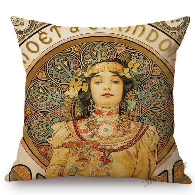 Vintage European Art Nouveau Mucha Gallery Decorative Sofa Pillow Cover Beautiful Beauty Girl Cotton Linen Luxury Cushion Cover