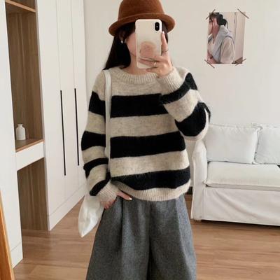 Fauler Wind Herbst und Winter gestreifter Pullover für Damen Herbst und Winter neue Kleidung lockerer Strickpullover für Damen
