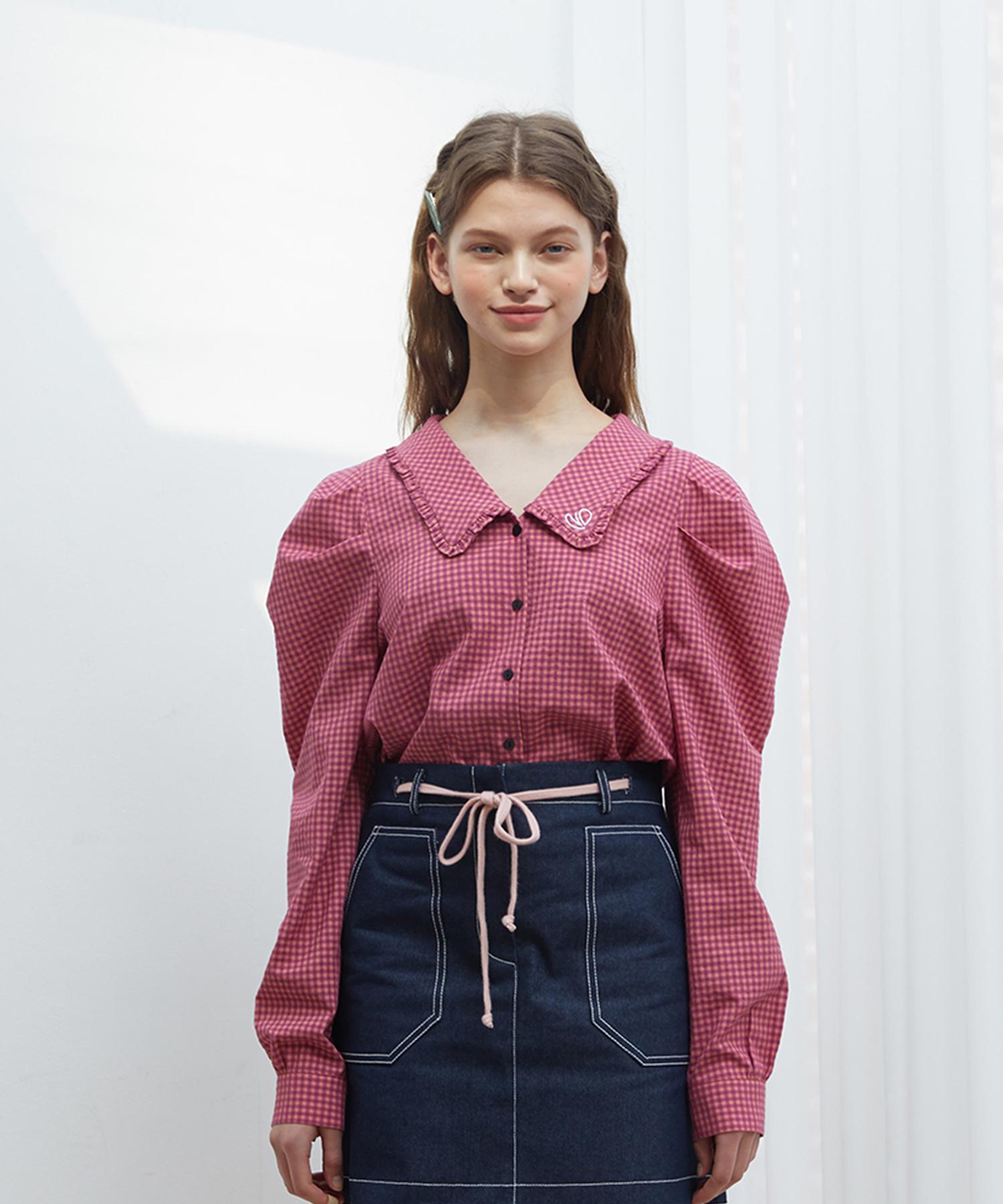Near And Dear Puff Sleeve Check Shirt Pink Raspberry/Free