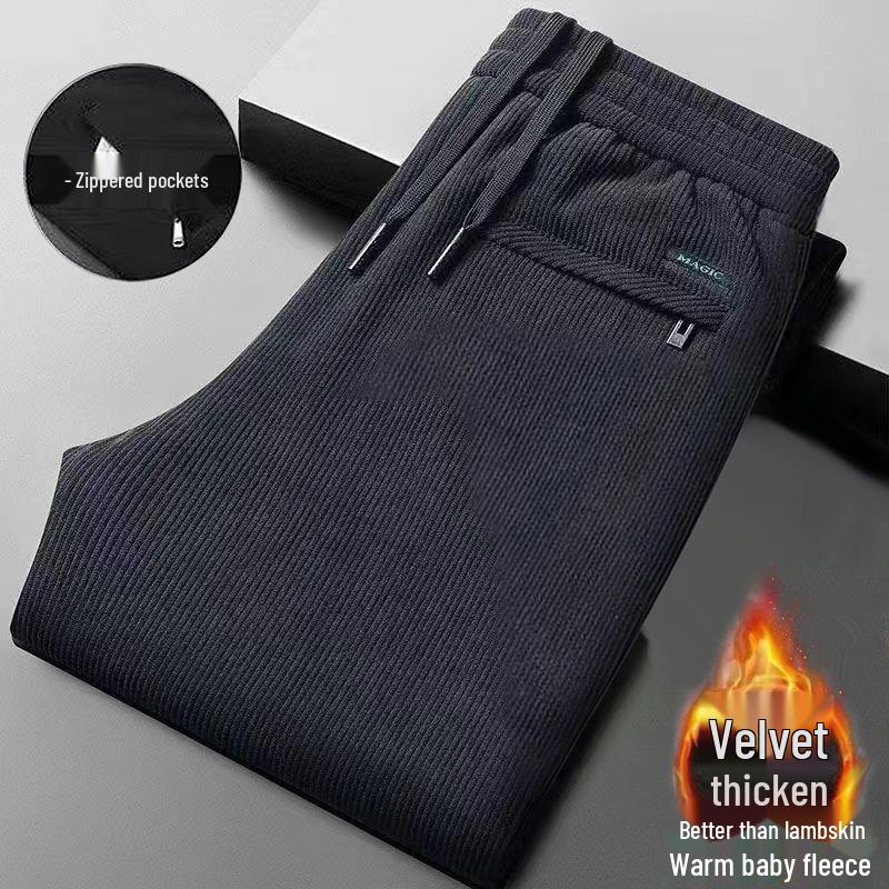 Men's Large Corduroy Warm Winter Casual Straight-Leg Pants with Velvet Lining