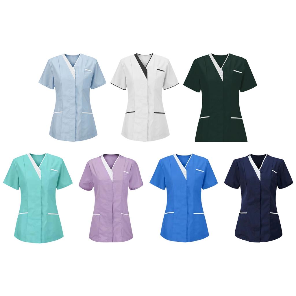 Women's Scrubs Tops V Neck Short Sleeve Working Blouse Housekeeping Uniforms Cleaning Uniform