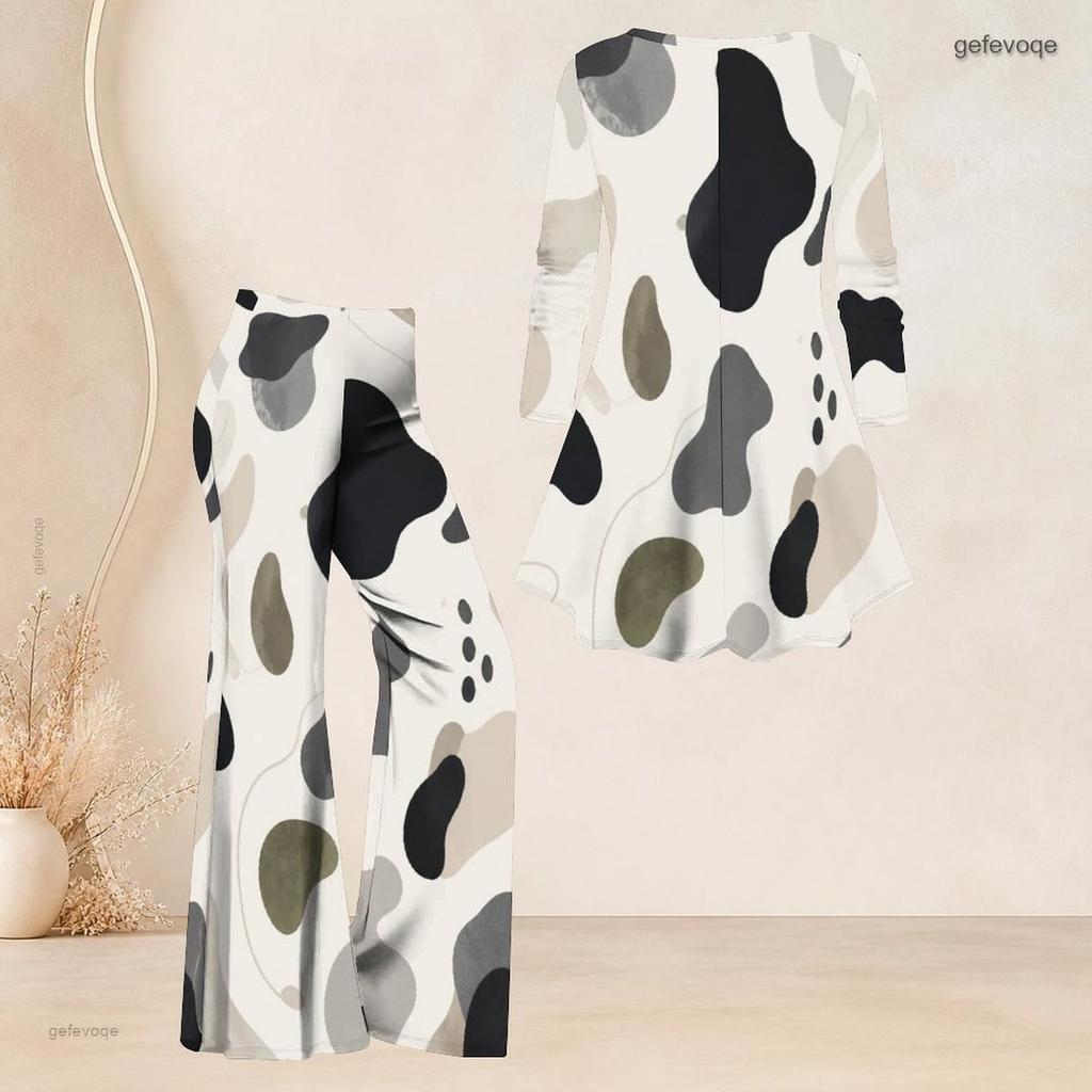 Women Plus Size Round Neck Three Quarter Sleeve Printed Flared Top And Flared Pants Two Piece Set