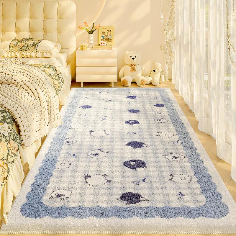 Plaid Cartoon Bedroom Bedside Carpet Light Luxury High End New Cute Carpets Girl Bedroom Children Room Thick Plush Soft Rug 