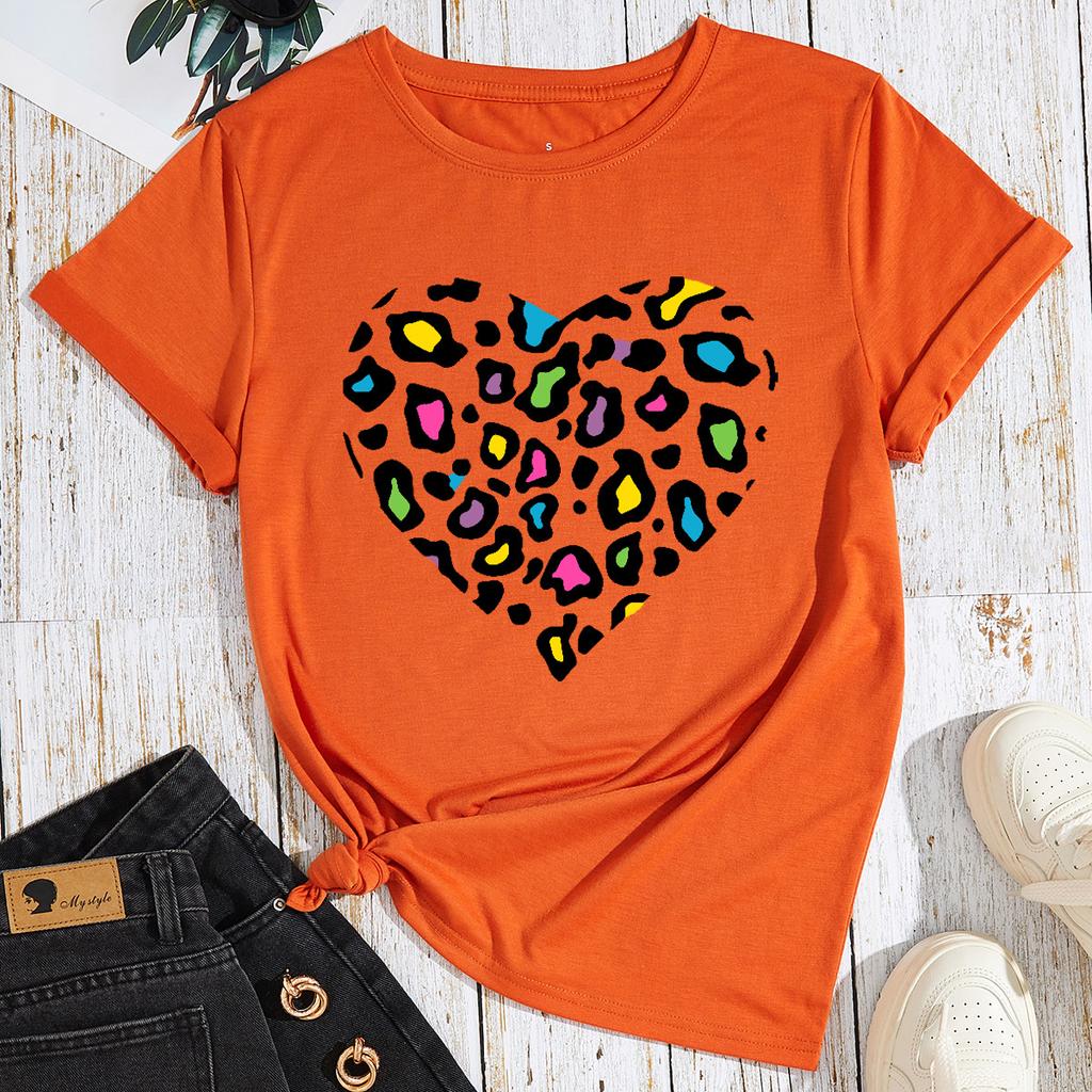Heart Leopard Pattern Cotton T-Shirt Short Sleeve Round Neck Women 2d Print Tops