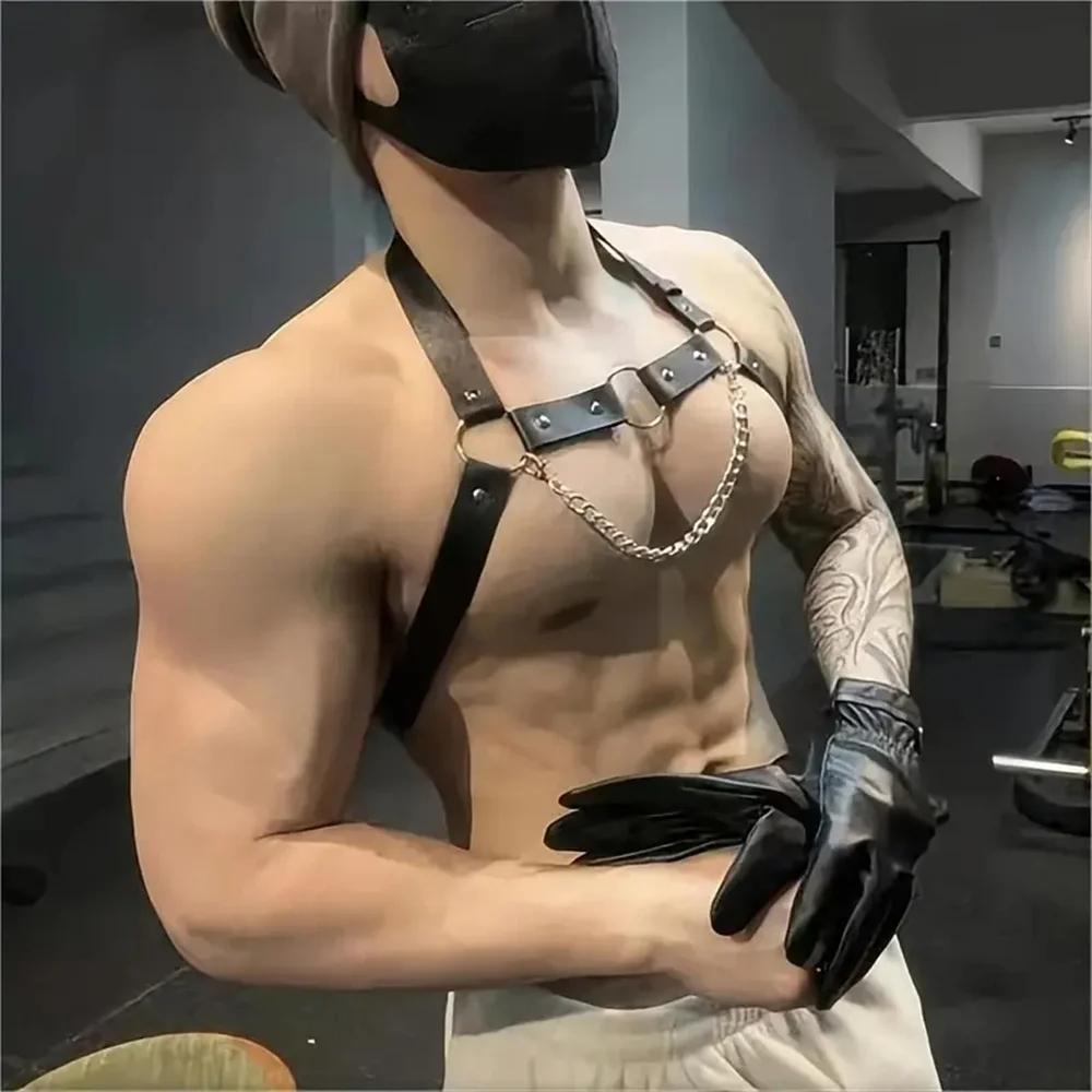 Men'S Black Leather Straps Adjustable Sexy And Charming Body Decoration With Date Party Party Holiday Clothing Accessories