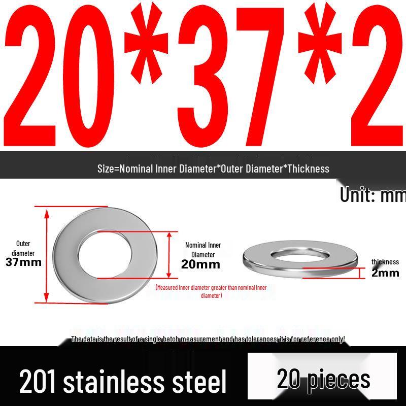 201 Stainless Steel Flat Washer Shim, GB97, Sizes M3 to M30
