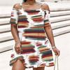 Women Plus Size Cold Shoulder Chain Strap Printed Short Sleeve Loose Mini Dress