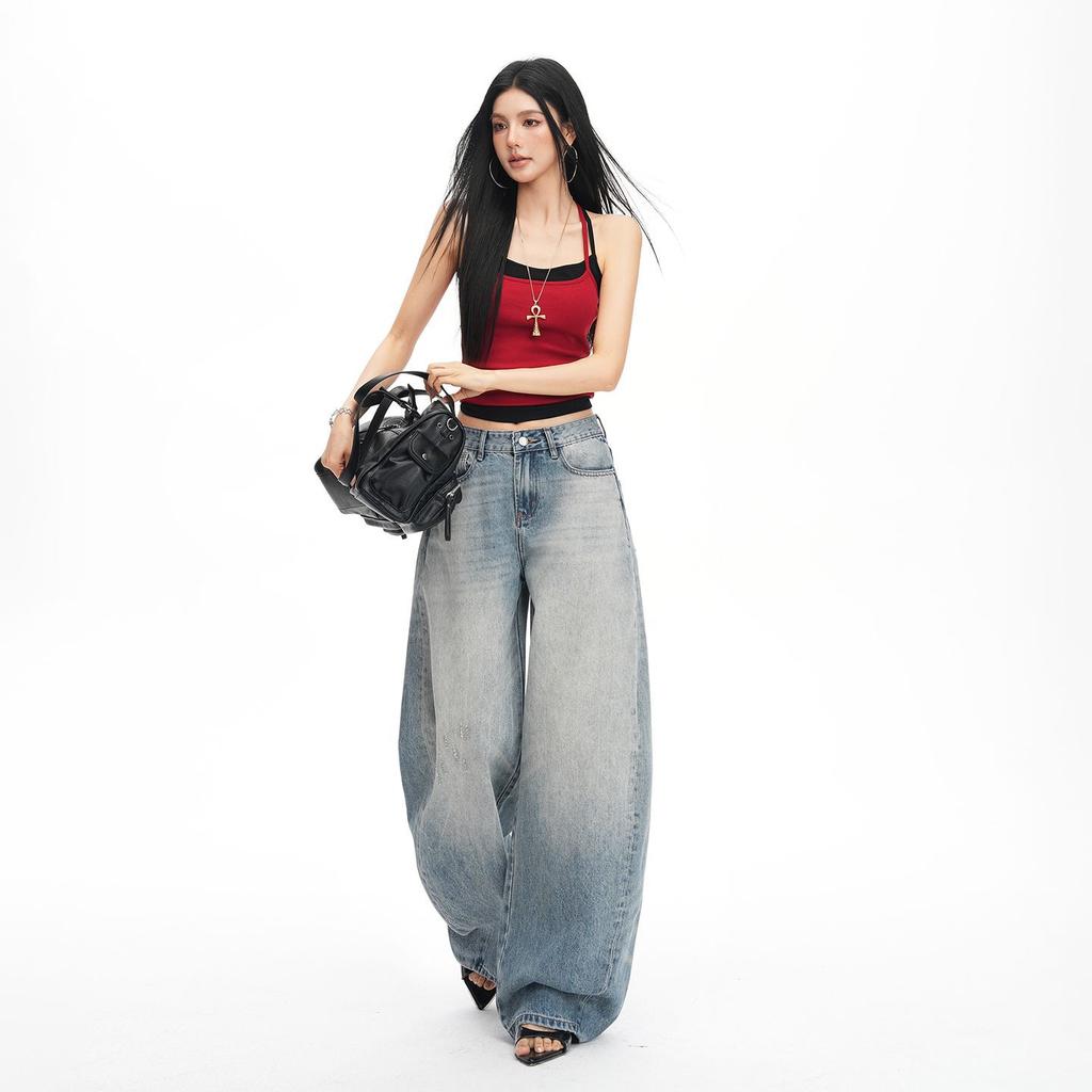 Spring Summer Vintage Wash Small Saber Lazy Floor Relaxed Denim Pants For Ladies Casual Pants Oversize Denim Trousers