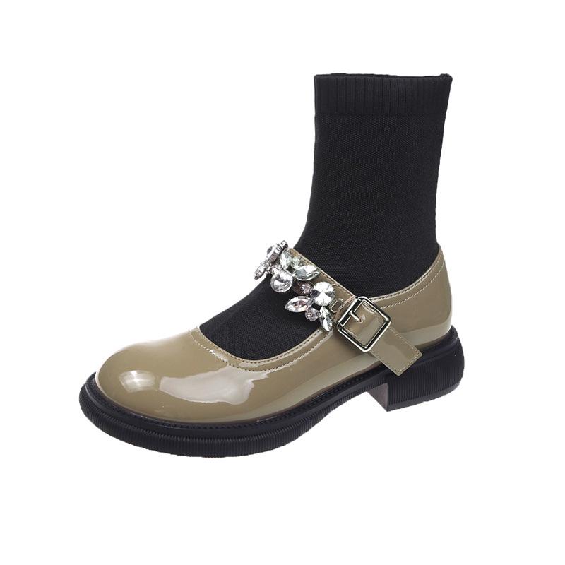 

Internet celebrity Mary Jane socks boots women spring and autumn 2025 new British style black knitted flat bottom thin short leather boots 35 армия зеленый