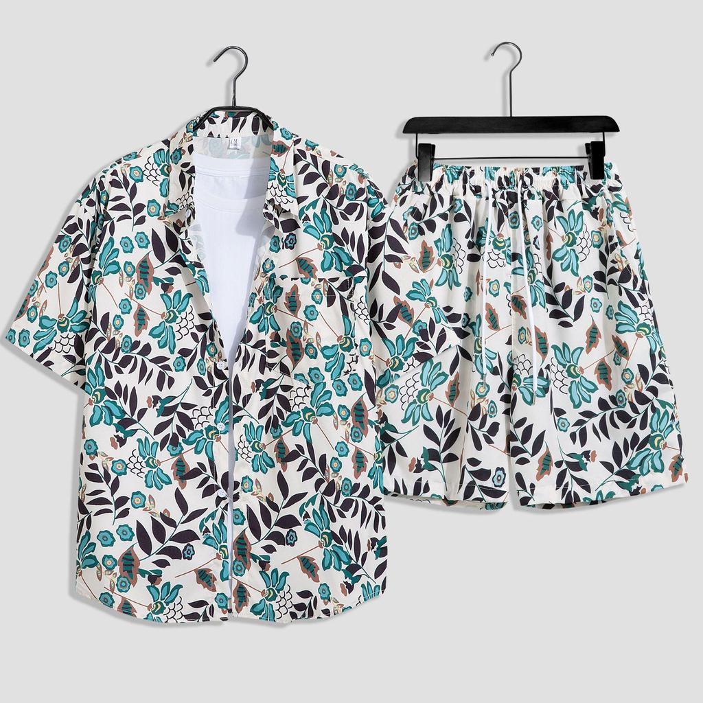 Hawaiian Floral Beach Set: Men's Loose-Fit Plus Size Short Sleeve Shirt & Casual Shorts