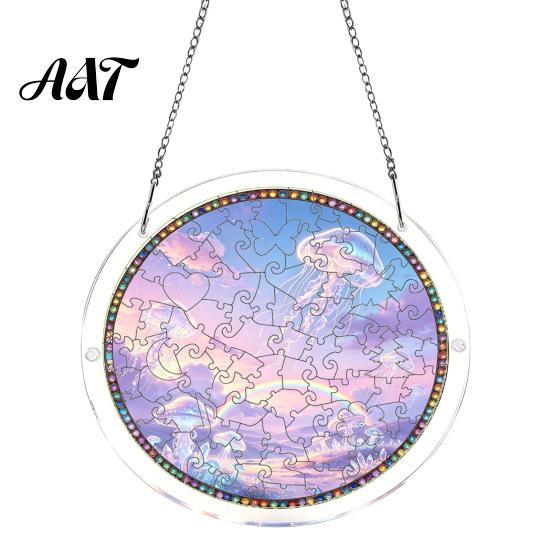 Transparent Acrylic Decor 7.48 Inch Circular DIY Puzzle Suncatcher, Stained Glass Style Window Hanging Ornament, Adult Gift Waterproof Pendant