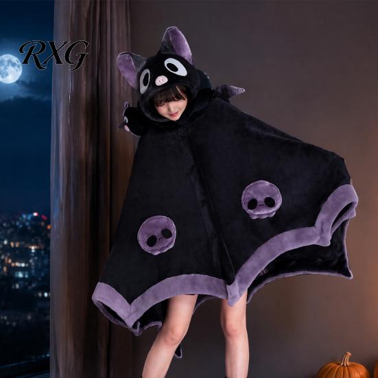 Soft Fluffy Hooded Cape Bat Blanket Hoodie for Adults, Cute Shark Fox Cape, Warm Wearable Cozy Halloween Cosplay Home Loungewear Plush