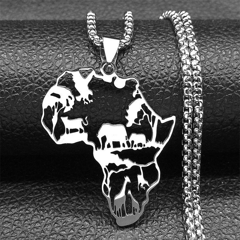 Africa Map Pendant Necklace For Women Men Stainless Steel Gold Silver Color Hollow Animal Nature Life Chain Jewelry Collar Gift