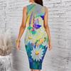 Women Plus Size Crew Neck Sleeveless Midi Dress Oil Painting Style Daisy Butterfly Floral Print Bodycon Dress