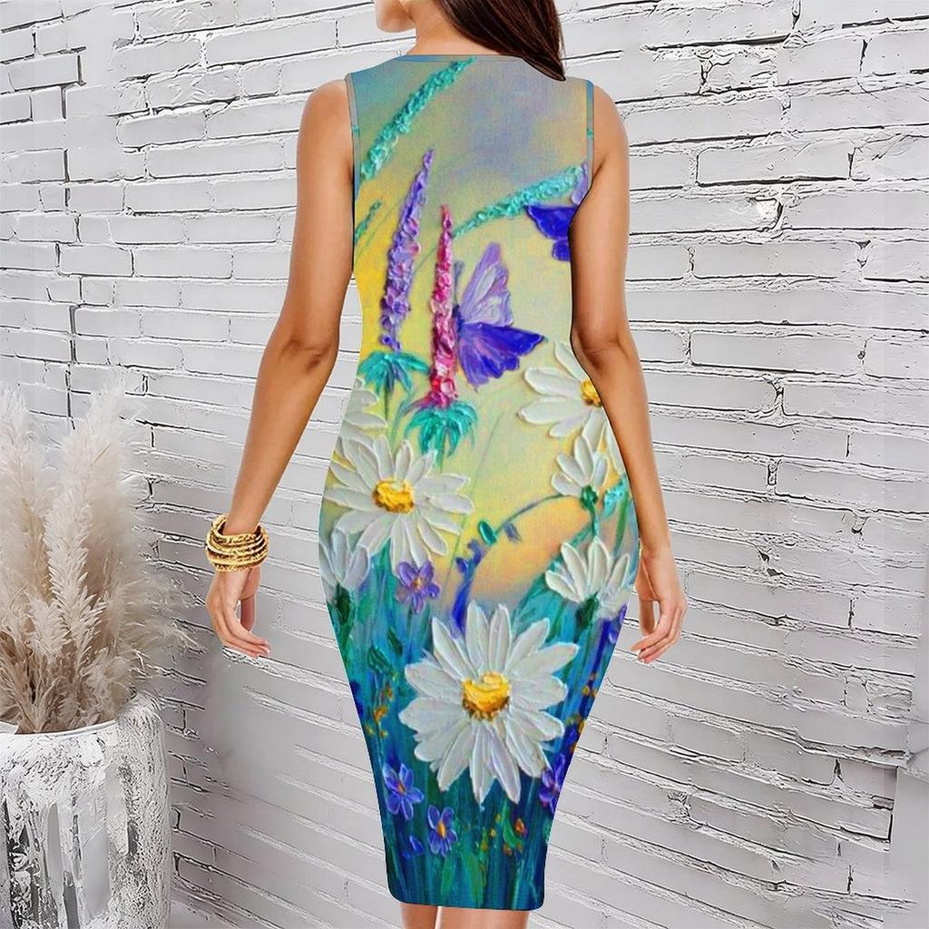 Women Plus Size Crew Neck Sleeveless Midi Dress Oil Painting Style Daisy Butterfly Floral Print Bodycon Dress