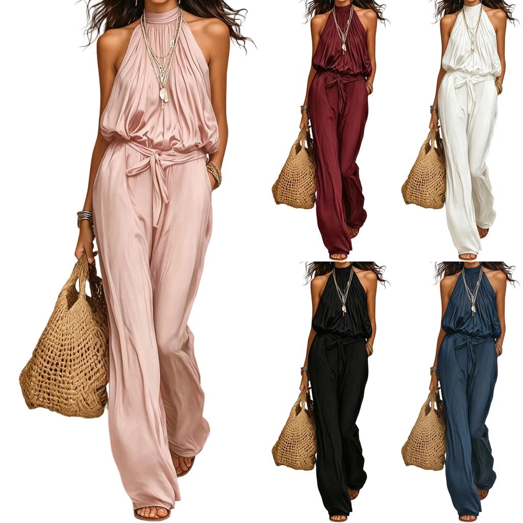 Women Sleeveless Jumpsuit Halter Neck Tie Waist Wide Leg Vacation Long Pants Romper