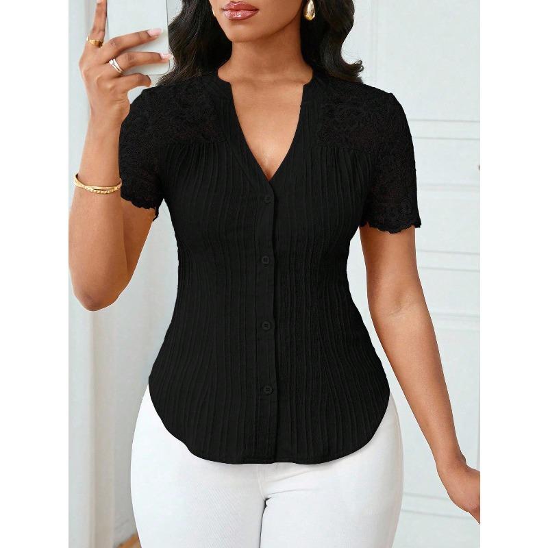 Women's Casual Summer/ Spring Printed Short-sleeved V-neck Blouse Shirt