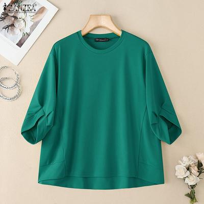 Damen Freizeit Rundhals Einfarbig 3/4-Ärmel Locker T-Shirts