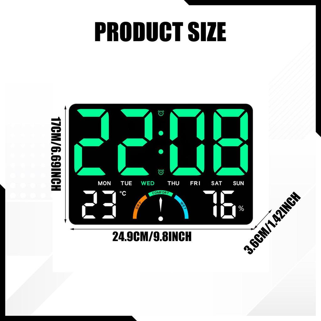 Digital Wall Clock LED Display Timer with Temperature Humidity Adjustable Brightness for Home Office Living Room Decor