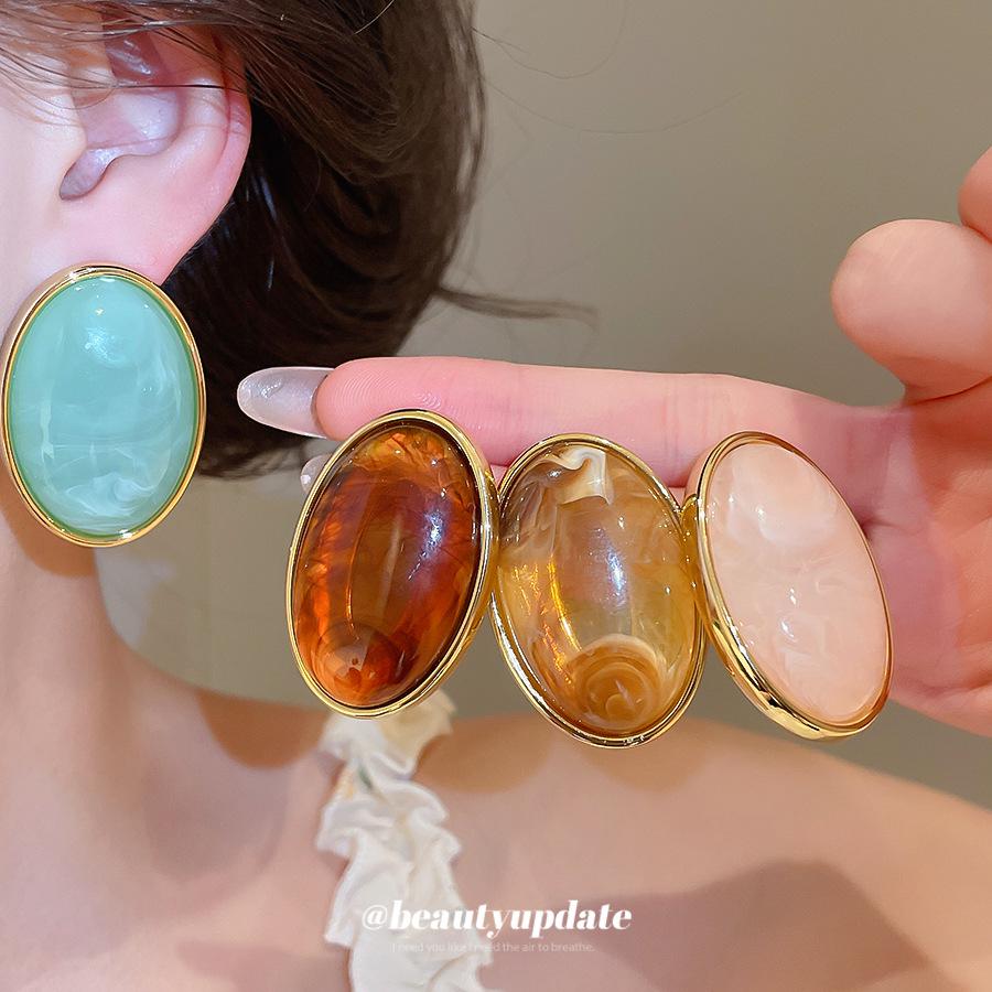 Retro Silver Needle Marbled Acrylic Oval Geometric Stud Earrings - Vintage Niche High-End Fashion Accessories for Women