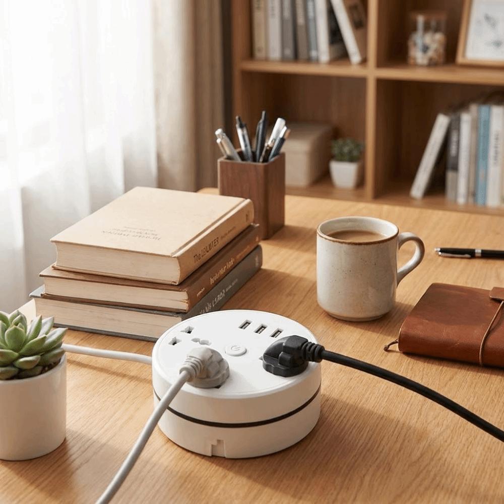 UK Plug Standard Portable Extension Socket Round Design USB Charger Plug  Bedside