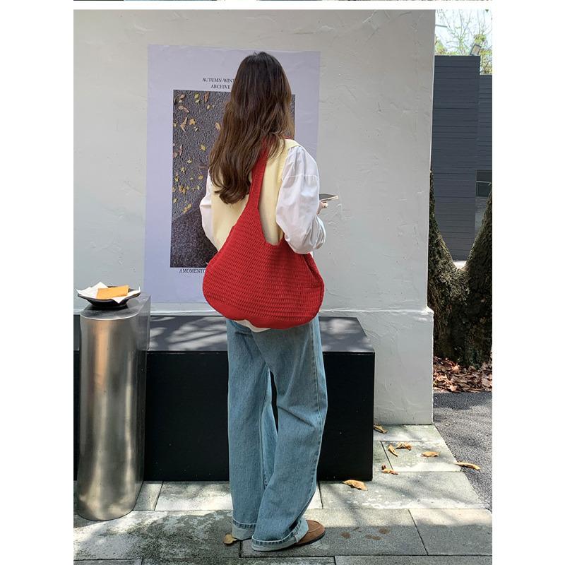 Korean Style Polyester Knit Tote Bag for Women Woven Shoulder Beach Purse