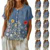 Women Casual Henley Neck Floral Print Button Front Short Sleeve Blouse Loose Fit Lightweight Top for Everyday Wear