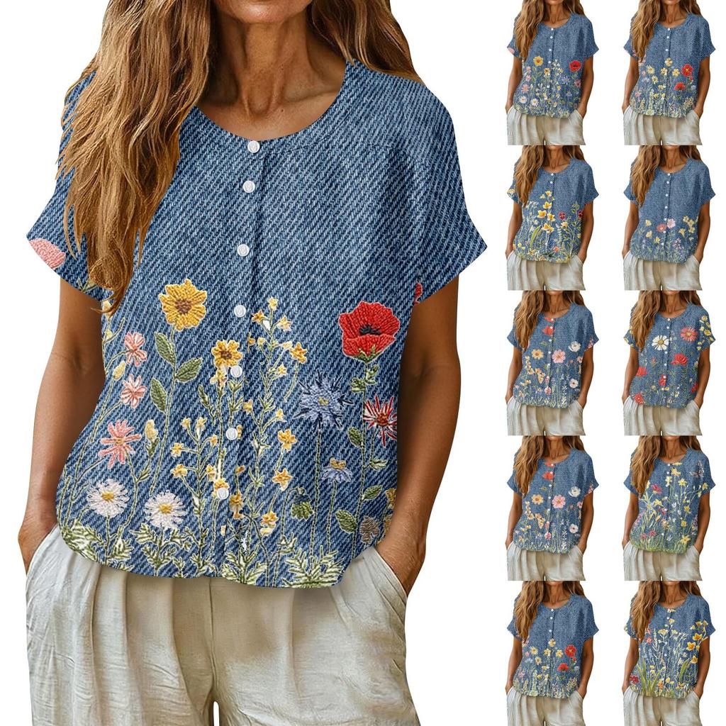 Women Casual Henley Neck Floral Print Button Front Short Sleeve Blouse Loose Fit Lightweight Top for Everyday Wear